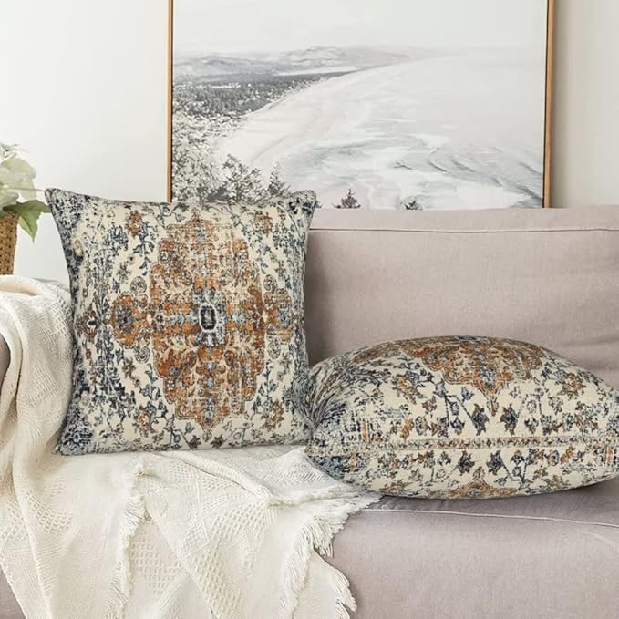 Boho Throw Pillow Covers 20x20 Set of 2, Ethnic Carpet Pattern Pillow Covers Gold Blue Rustic Farmhouse Cushion Cases Linen Decorative Gifts for Couch Sofa Indoor Outdoor