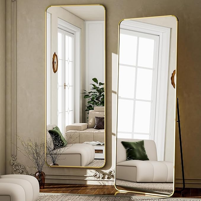 Round Corner Mirror Full Length, 66" x 23" Floor Mirror with Stand, Matte Aluminum Alloy Frame Full Body Mirror, Standing Hanging or Leaning for Bedroom and Living Room, Gold