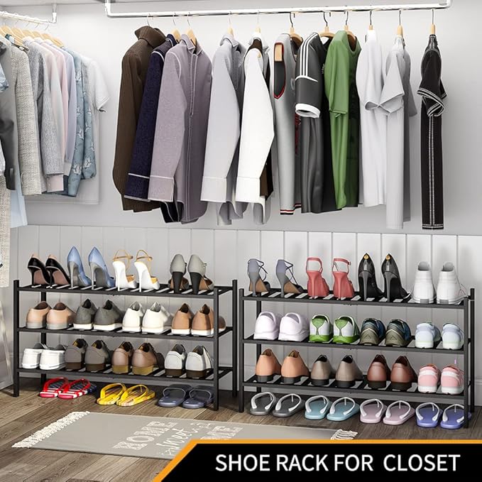 Long Shoe Rack, 3-Tier Bamboo Stackable Shoe Shelf Storage Organizer, Shoe Stand for Closet, Entryway and Hallway