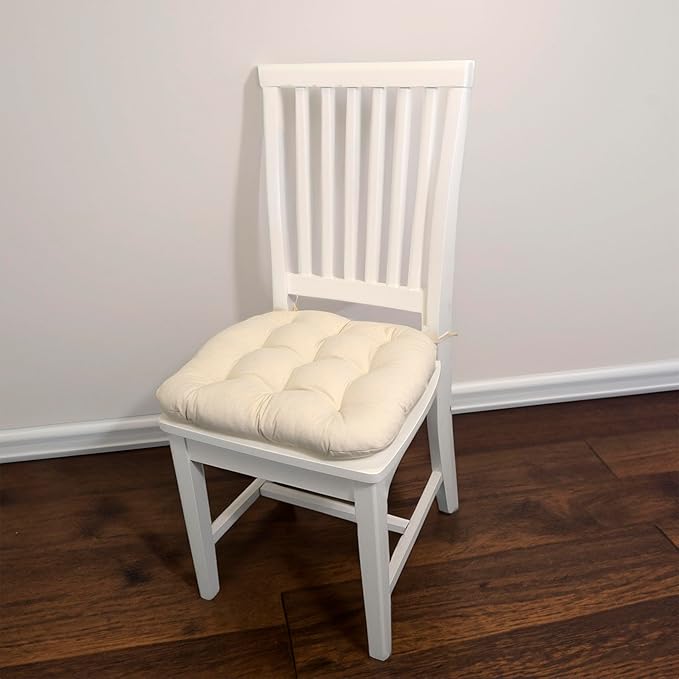Barnett Home Decor Cotton Duck Natural Dining Chair Pad with Ties - 15 x 17 Size Small Chair Cushion - Latex Foam Fill - Machine Washable, Unbleached Cotton, Made in USA (Ivory/Small)