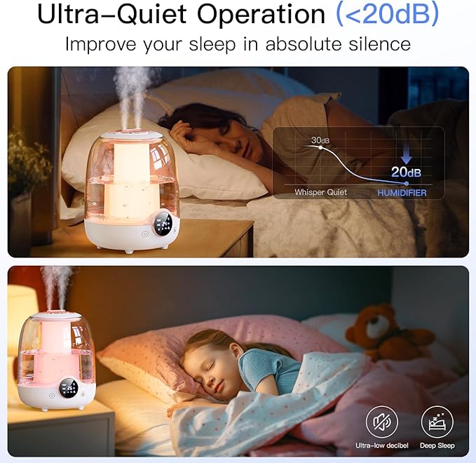 Humidifiers for Bedroom, 3L Tank for 30H 20dB Quiet Mist Time, Dual Nozzles, LED Lights, Smart Timer (2/4/8 Hours), Auto Shut-Off, Perfect for Baby and Large Rooms, (White)