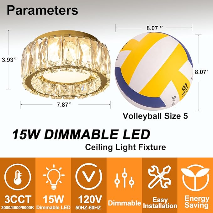 Modern Dimmable LED Luxury Crystal Gold Flush Mount Ceiling Light Fixture,7.87 Inch 15W,3CCT,Mini Round Close to Ceiling Chandelier for Hallway,Kitchen,Laundry Room,Entryway