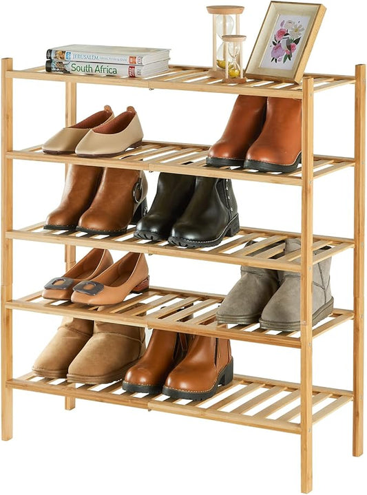 5-Tier Bamboo Shoe Rack for Entryway, Stackable | Heavy Duty | Multi-Function, Free Standing Shoe Racks for Bedroom Hallway Closet