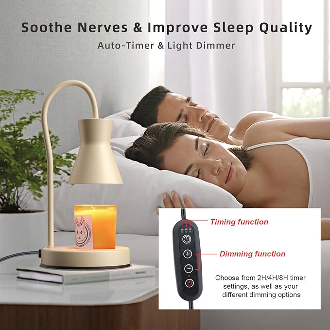 Candle Warmer Lamp with Timer and Dimmer, Vintage Electric Candle Melter with 2 Bulbs, Melter Scented Candle Height Adjustable Compatible with Jar Candles, House Warming Gifts (Beige)