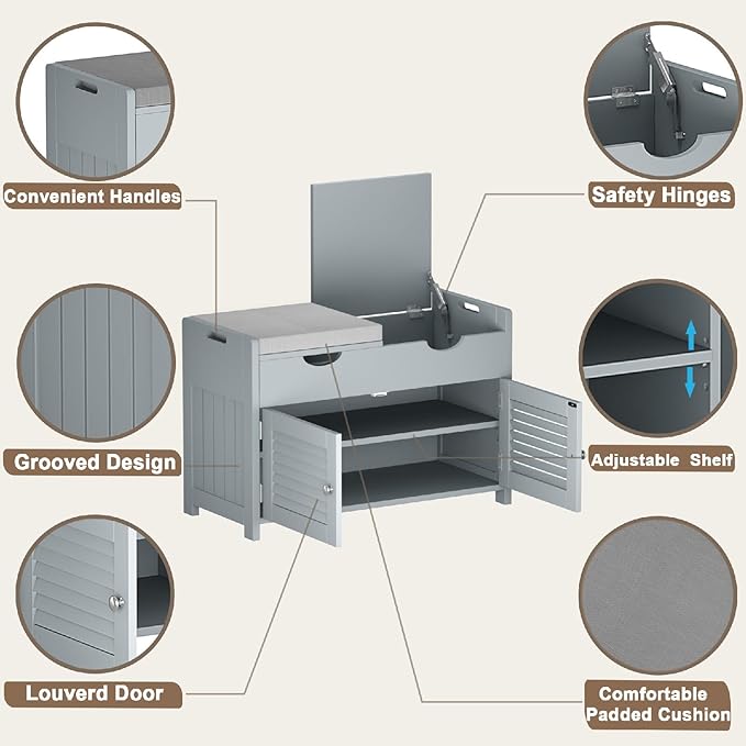 ChooChoo Shoe Storage Bench with Lift Top Storage, Entryway Bench with 2 Cushioned Seats, 3 Compartments, Adjustable Shelf, Shoe Cabinet for Entryway, Bedroom, Living Room, Grey