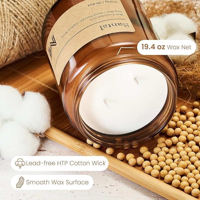 M&SENSE Santal Home Scented Candle | 19.4oz, 115-Hour Burn | Natural Organic Soy Wax | Long-Lasting for Stress Relief and Gifting | for Bedroom，Relaxing SPA，Office