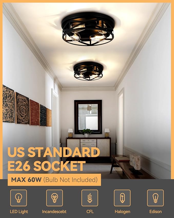 13 Inch Farmhouse Ceiling Light Fixtures, Metal Cage Close to Ceiling Lights 4-Light, Vintage Flush Mount Ceiling Lights for Bedroom Porch Kitchen Entrance, Black