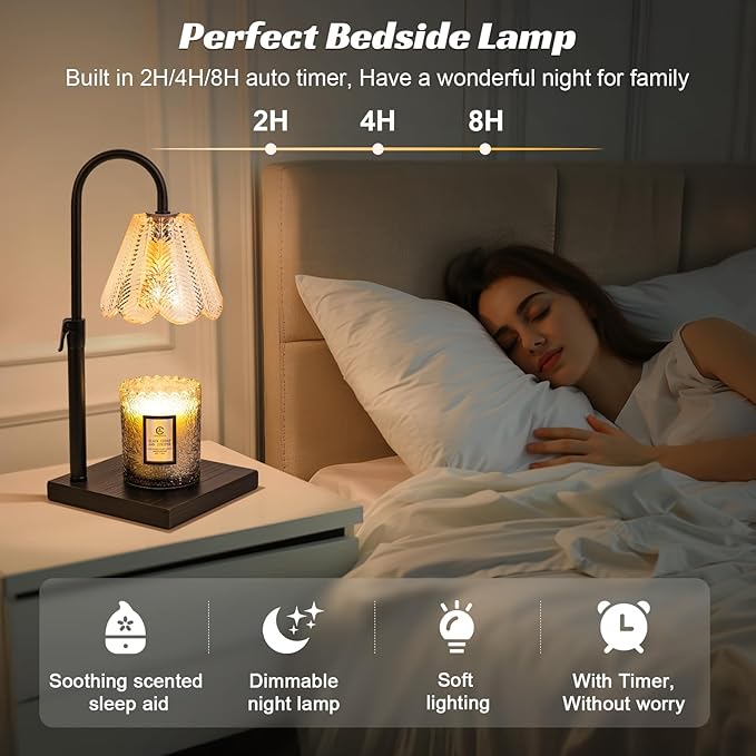 Golden Floral Candle Warmer Lamp with Timer & Dimmable Light - Adjustable Height Jar Candle Melter with Ebony Wooden Base, Home Decor Gift Set (Includes 2 Bulbs)