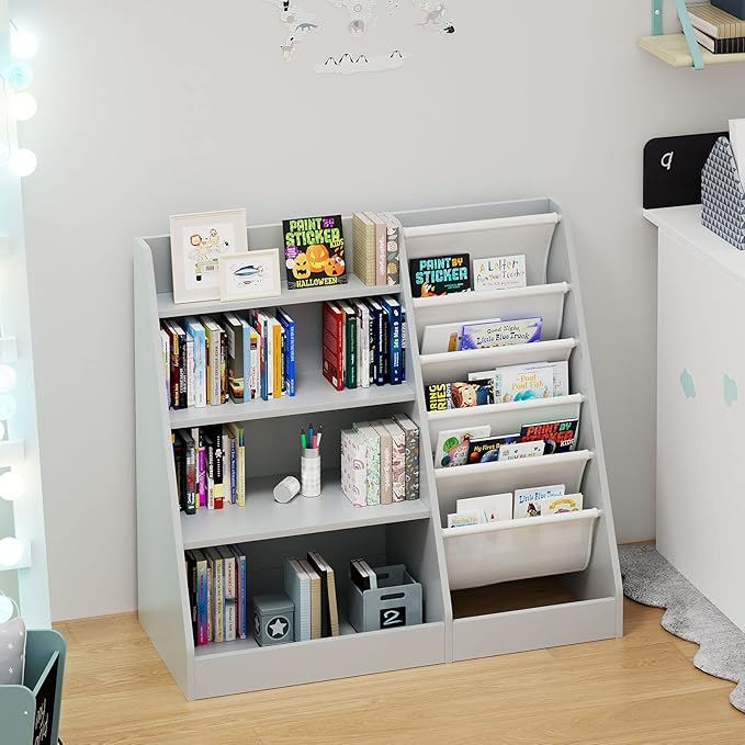Gray 4 Tier Kids Wooden Bookshelf,Five Layer Sling Toddler Front Facing Bookcase,Baby Kids Storage Book Rack,Book and Toy Organizer Cabinet,Child Book Display Playroom Nursery Bedroom