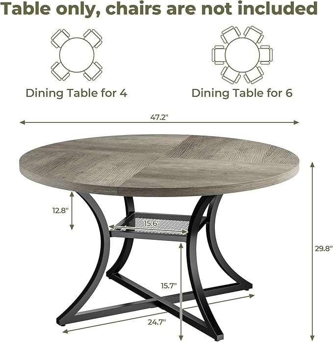 IRONCK 47.2" Round Dining Table for 4, Wood Kitchen Table with Storage Shelf for Dining Room, Dinner Table with Wooden Tabletop and Metal Base, Gray