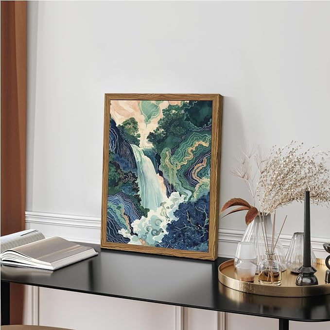 Framed Japanese Waterfall Canvas Wall Art, Abstract Landscape Wall Decor Paintings, Blue Green Nature Mountain Pictures Prints Zen Aesthetics Home Decor for Living Room Bedroom Bathroom 12x16 inch