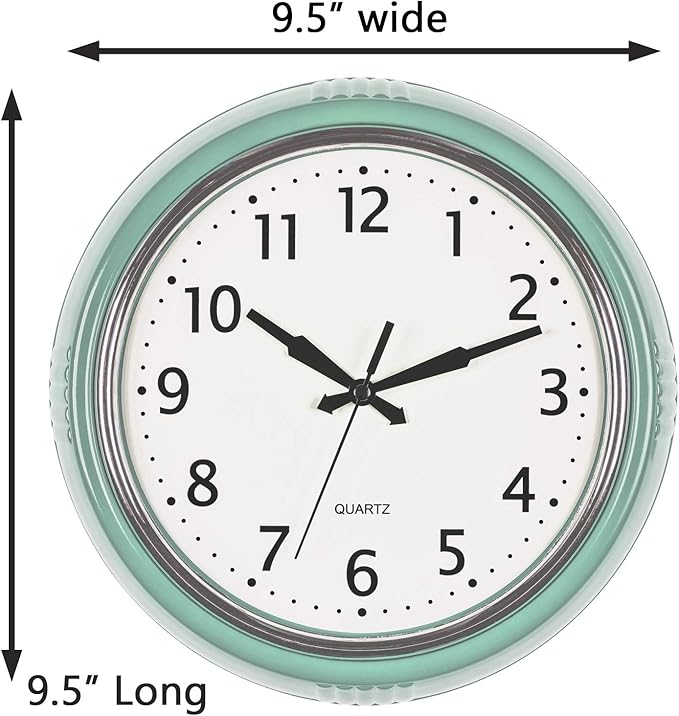 Bernhard Products Retro Wall Clock 9.5 Inch Green Kitchen 50's Vintage Design Round Silent Non Ticking Battery Operated Quality Quartz Clock (Seafoam Green)