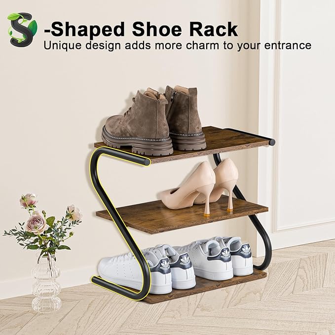 Small 3-Tier Shoe Rack, Z-Frame Wooden Shoe Shelf with Durable Metal Shelves for Hallway, Living Room, Closet, Bedroom (17.2”)