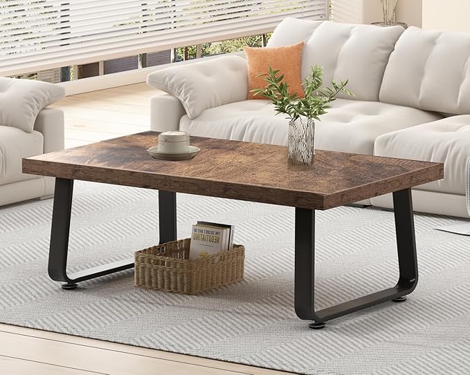 HSH Wooden Coffee Table, Industrial Rectangle Center Table, Modern Minimalist Coffee Table for Living Room, Farmhouse Wood and Metal Cocktail Tea Table for Bedroom Home Office, Rustic Brown, 47 in