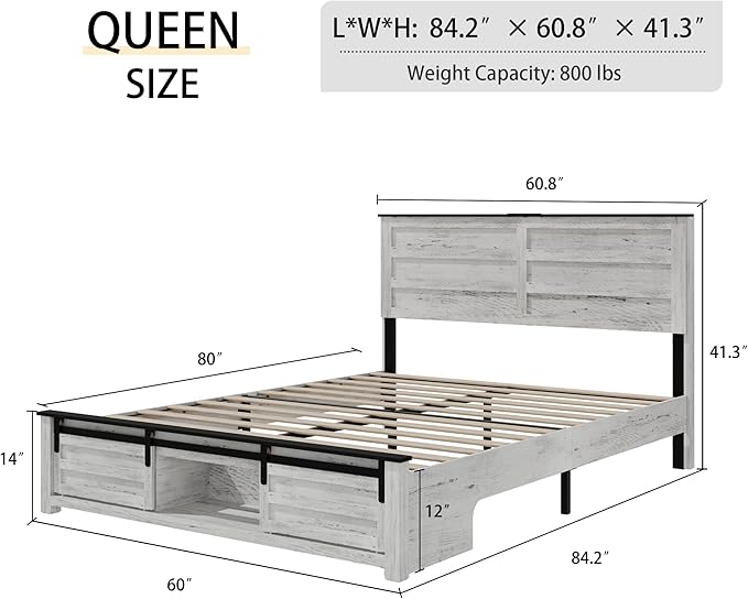 Wooden Queen Size Bed Frame with Headboard, Boho White Farmhouse Storage Bedframe with Sliding Barn Door Footboard and Charging Station, Wood Slats, No Box Spring Needed