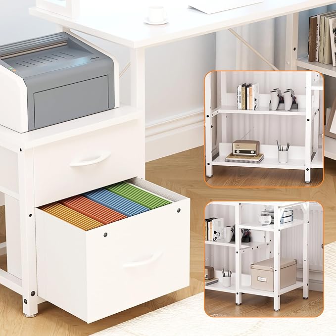 67'' L Shaped Computer Desk with Power Outlet, Large Reversible Computer Gaming Desk, Home Office Desks with File Drawers & Shelves, All White