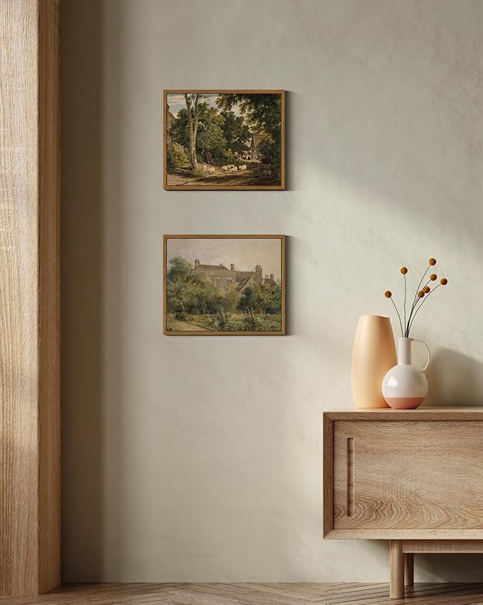 InSimSea Framed Canvas Wall Art Vintage Decor, Room Decor Classical Countryside Landscape Watercolor Painting, Canvas Prints Wall Art for Living Room Badroom Farmhouse Bathroom, 9"x11"