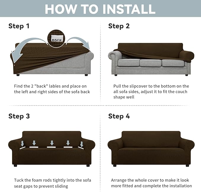 LURKA Stretch Oversized Sofa Slipcovers 1 Piece Couch Covers for 3 Cushion Couch Sofa Furniture Protector Full Sofa Covers with Elastic Bottom for Kids and Pet (Brown, X-Large)