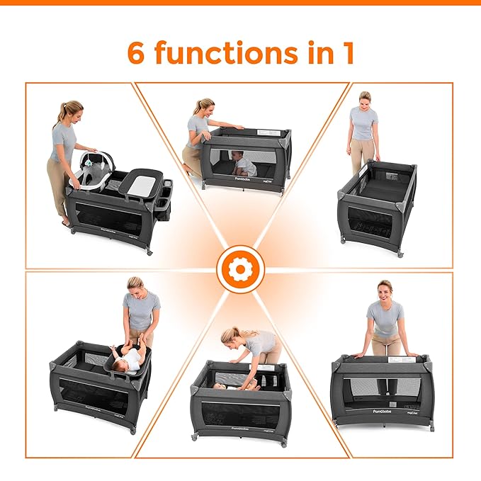 Pamo Babe 1-Second Setup 4-in-1 Playard for Babies - Heavy-Duty Steel Frame for Safe Sleep Space, Portable Crib with Changing Table, Locking Wheels, Breathable Mesh