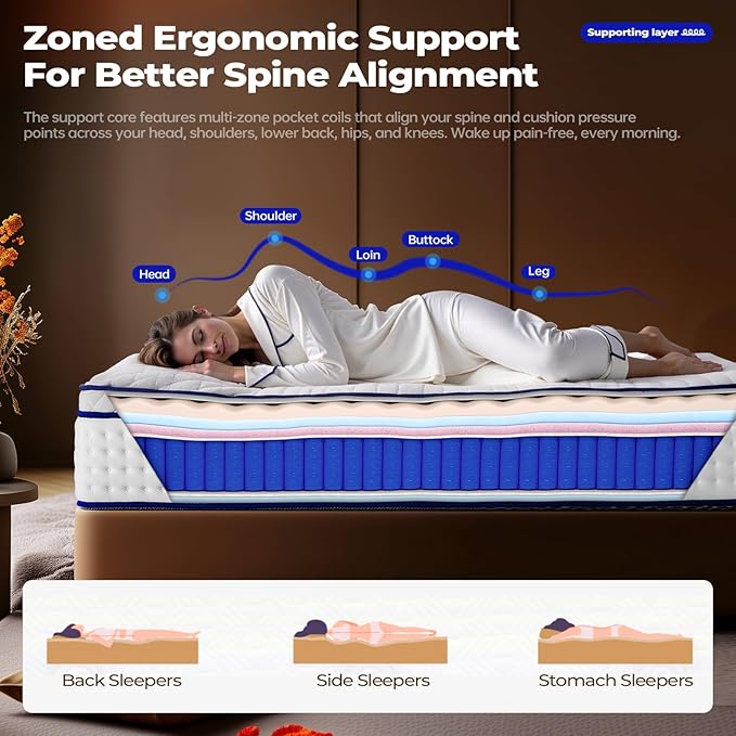 Queen Mattress 10 Inch,Hybrid Queen Mattresses in a Box, Medium Firm Memory Foam&Individual Pocket Springs,Upgrade Zoned Support,Motion Isolation&Pressure Relief,Fiberglass Free