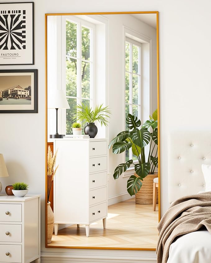 Suidia Full Length Mirror, 71"x32" Floor Standing Mirror Freestanding, Full Body Mirrors with Stand for Bedroom, Hanging Mounted for Living Room Cloakroom, Gold, Rectangular Style