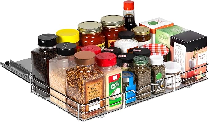 Pull Out Cabinet Organizer for Spices, Cans - Heavy Duty with Lifetime Limited Warranty- Pull Out Spice Rack- Cabinet Pull Out Shelf for Cans,Dishes, Etc, 18-3/8"Wx 10-1/2"D x 2-3/4” H, Chrome