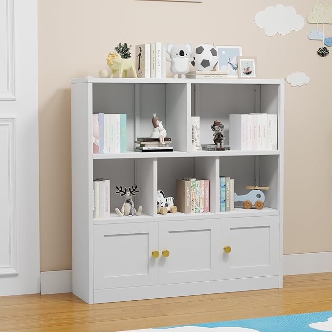 Toy Storage Organizer and Metal Kids Bookshelf with 3 Storage Cabinet and 5 Open Shelves, Multifunctional Display Shelf for Bedroom & Playroom, Ideal for Organizing Books, Toys & Decor, White