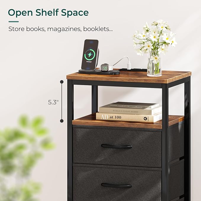 Huuger Nightstand with Charging Station, 27.6 Inch End Table Bedside Table with USB Ports and Outlets, Fabric Drawers, Night Stand for Bedroom, Rustic Brown and Black