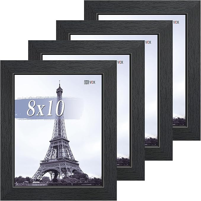 VCK 8x10 Picture Frame Set of 4 - Black, Gallery-Quality Wood Poster Frames, 1.1-Inch Wide Border, Polished Plexiglass, Vertical or Horizontal Wall & Tabletop Display for Photo/Art/Prints, Black