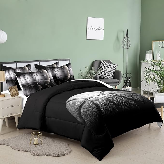 Tailor Shop Basketball Comforter Set for Boys Kids Teens Ultra Soft Microfiber Black and Gray Sports Theme Basketball Bedding Sets Full Size with 1 Comforter and 2 Pillowcases…