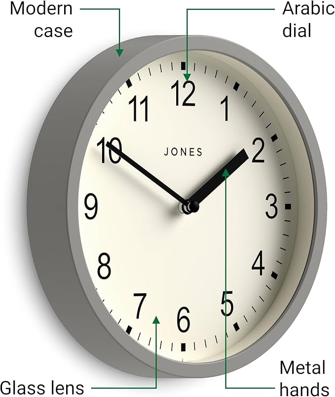 JONES CLOCKS® Spin Wall Clock | Small Modern Round Clock | 20cm | Gray | Easy to Read Numbers | Ideal for Kitchen, Office, Children’s Room or Any Small Space