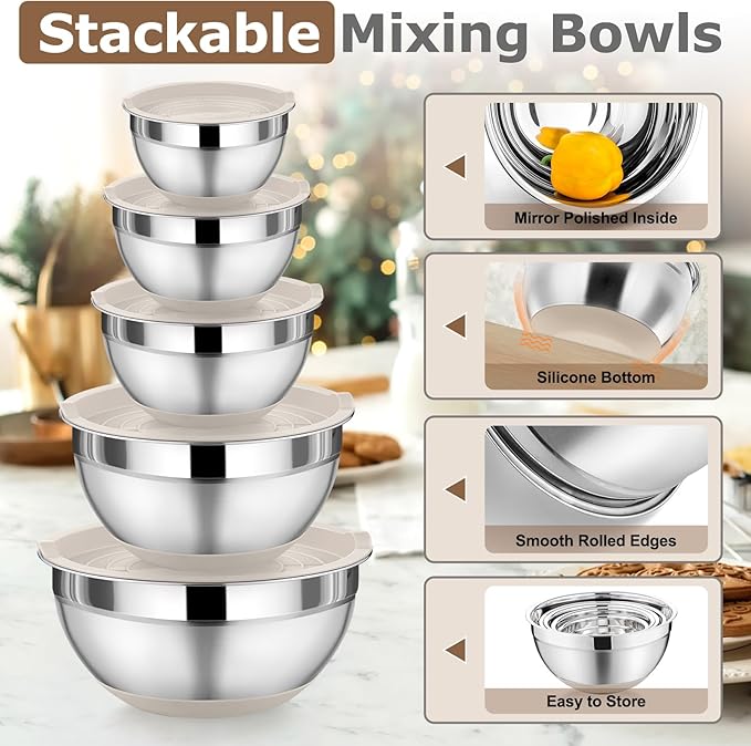 P&P CHEF Mixing Bowls with Lids Set of 5, Stainless Steel Nesting Salad Bowl with Lid & Base for Non-slip Mixing Prepping Storing Serving, 5 Sizes-7/3.5/2.5/1.5/1 QT, Khaki