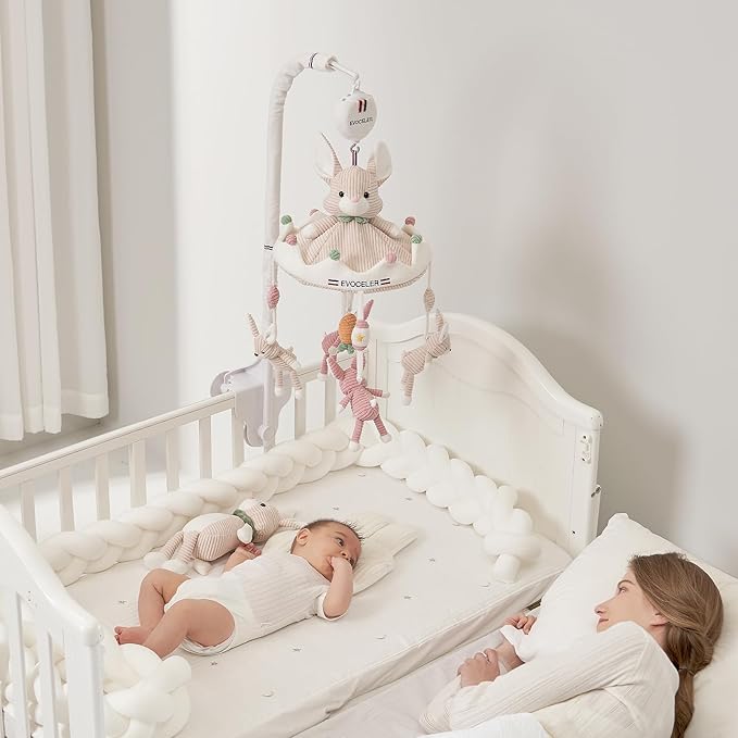 Evoceler Crib Mobile, Baby Mobile with 3 Modes Rotating Music Box, 35 Lullabies, Bluetooth, 128MB TF Card & Detachable Teether Bunnies, Quiet Rotating Motor, Sturdy 3-Point Installation, Nursery Decor