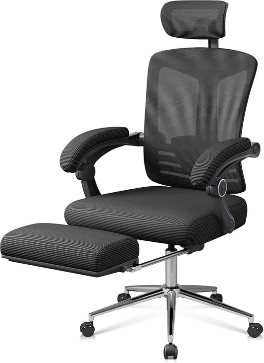 DEVAISE Ergonomic Mesh Office Desk Chair with Footrest, Comfrotable Big and Tall Reclining Computer Chair with Adjustable Lumbar Support, Backrest Adjustable, High Back SGS Class 4 Gas Lift, Black