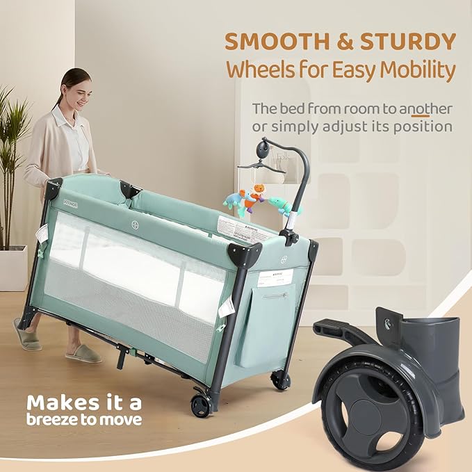 JOYMOR Baby Bassinet, Pack and Play with Bassinet and Carry Bag, Convert to Bedside Sleeper with Toy, Wheels for Boys Girls (Green)