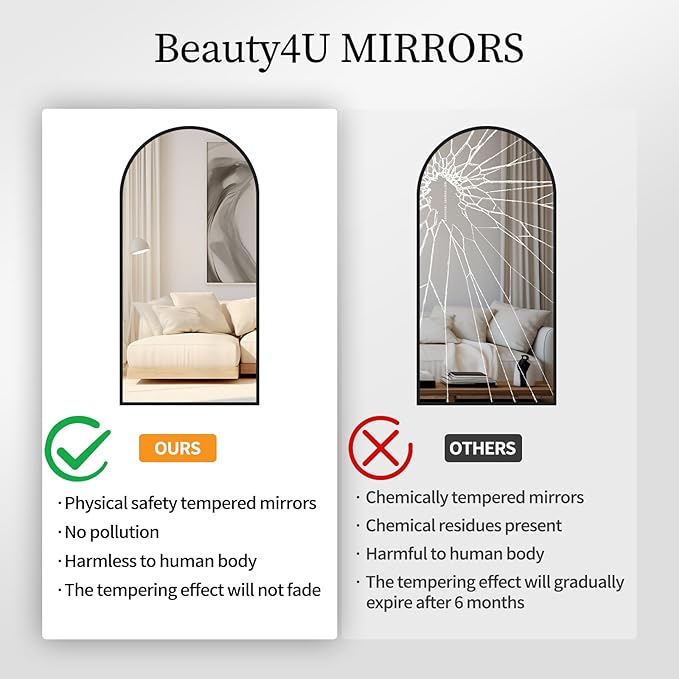 Beauty4U Arched Full Length Mirror - Standing or Leaning, Bedroom Dressing Mirror with Black Aluminum Alloy Frame, 65" x 24"