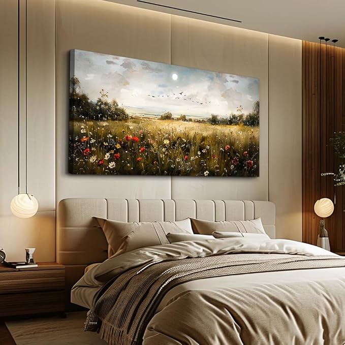 Wapluam Large Canvas Wall Art Living Room Wall Decor for Bedroom Wildflower Field Vintage Wall Art Canvas Prints Paintings Farmhouse Artworks Pictures Modern Aesthetic Home Decoration Ready To Hang