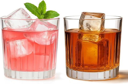 2-Piece Ribbed Glassware - 2 Rocks Glass Cups 10 oz, Vintage Cocktail Drinking Glasses, Ideal for Wine, Juice, Water, Ice Coffee Cup, Whiskey(Clear)