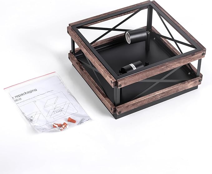 MAYNA 2-Light Industrial Ceiling Light Fixtures, Farmhouse Flush Mount Ceiling Light, Metal and Wood Square Dining Room Light Fixture for Hallway Bedroom Balcony Farmhouse,Black