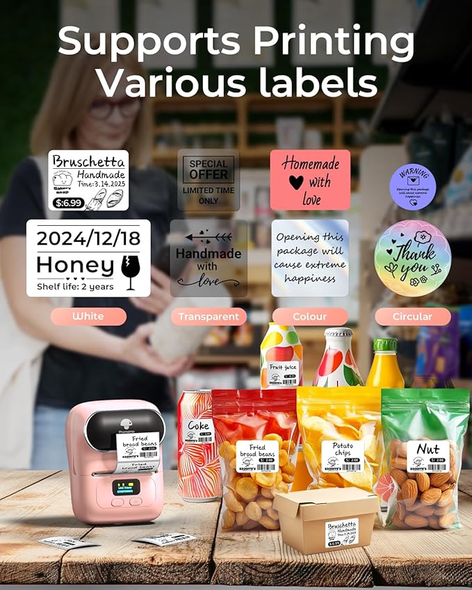 Phomemo Label Printer - M110 Thermal Label Printer Barcode Label Maker Mini Bluetooth Sticker Printer for Small Business, Home, Office, Logo, Address, Name Tag, Clothing, Organizing, Pink