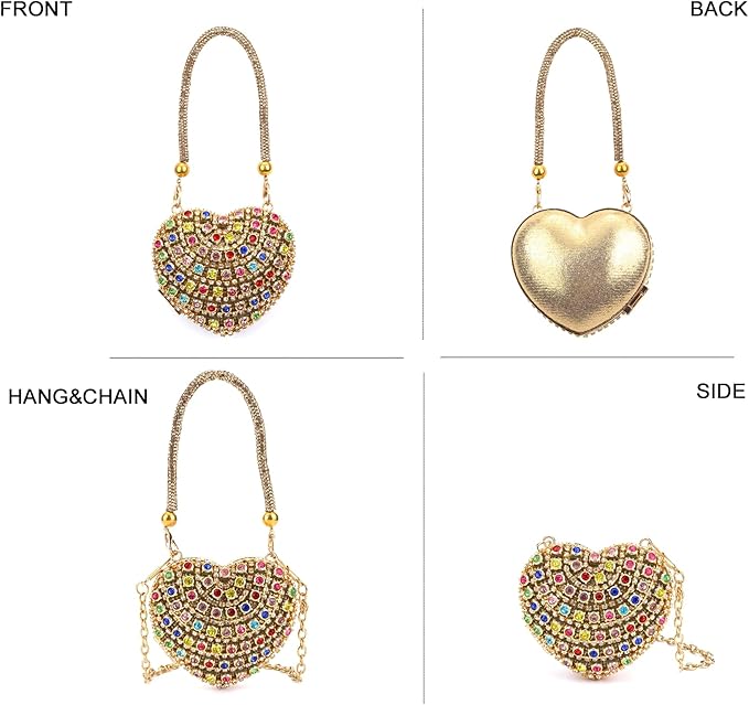 Ayliss Jewelry Trinket Box Heart Shaped Rhinestones Love Jewelry Gift Box Storage Organizer Ring/Earrings/Necklace Women Evening Clutch Rhinestone Purses (Gold)