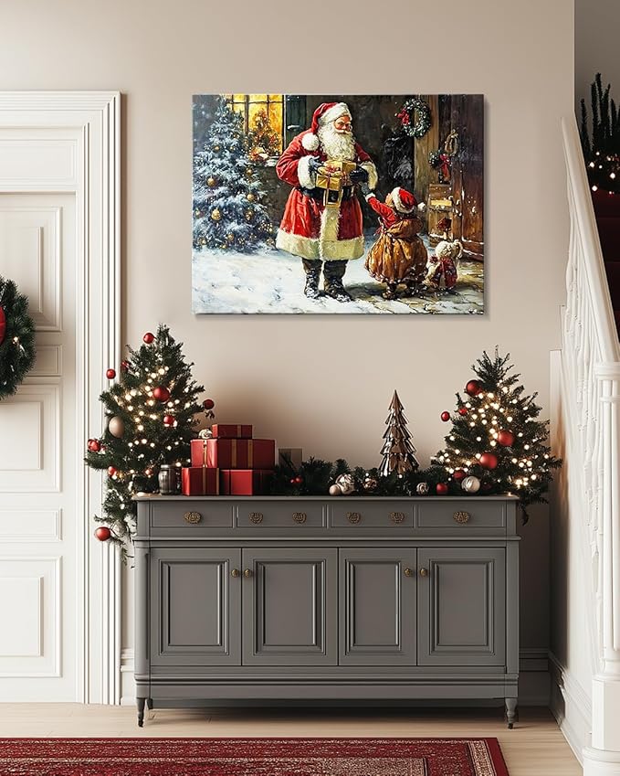 Vintage Santa Claus Christmas Canvas Wall Art - Festive Holiday Painting for Living Room,Bedroom & Bathroom, Cozy Winter Decor Framed Print, Perfect Christmas Gifts & Home Decoration