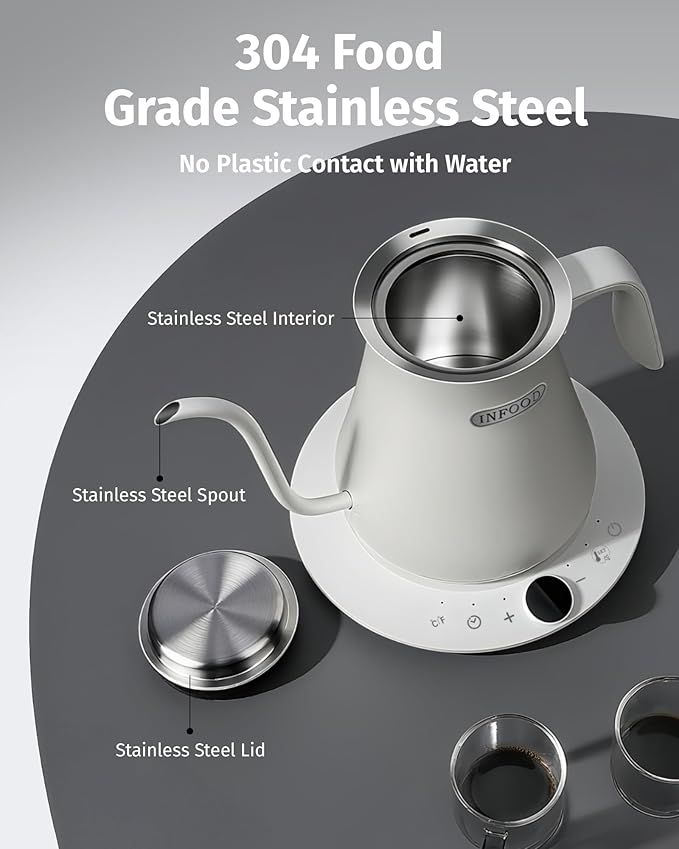 INFOOD 0.8L Gooseneck Electric Kettle, Precise Temperature Control for Pour Over Coffee & Tea, 1200W Fast Boiling Water, Auto Shut Off, Scheduling, Stainless Steel, White