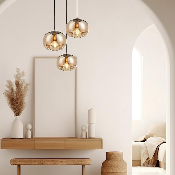 Modern Globe Pendant Light, 9"x9" Amber Gradient Glass Hanging Fixture with Gold Base, 15"-72" Adjustable Line, E26 Socket for Living Room, Dining Area, or Entryway – Warm Taupe Globe