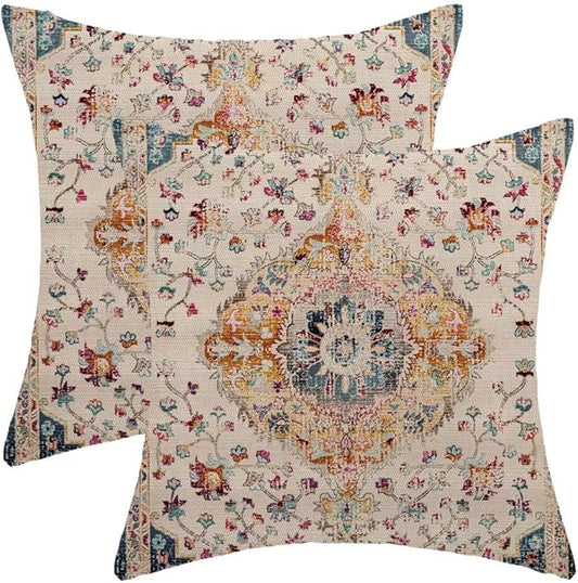 BETGINY Blue Orange Boho Throw Pillow Covers 18 x 18 Inch Pack of 2, Vintage Bohemian Carpet Pattern Decorative Pillow Cases Outdoor Ethnic Design Farmhouse Cushion Case for Home Sofa Decor