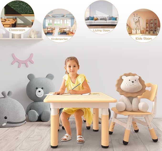 GarveeHome Kids Table and 2 Chairs Set, Height Adjustable Toddler Table and Chair Set for 2, Graffiti Desktop, Non-Slip Design, Children Table for Home Daycare Preschool for Ages 2-8, Beige