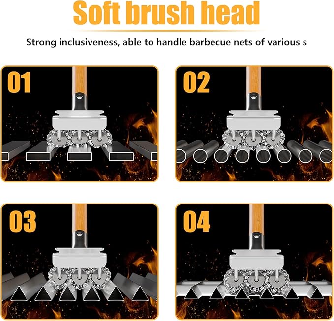 HOUSE AGAIN Grill Brush Bristle Free, 304 Stainless Steel Food-Grade Brush Head with Scraper, Safe BBQ and Grill Grate Cleaner Non Wire, Outdoor Grill Cleaning Brush w/Wooden Handle Gift for Men/Dad