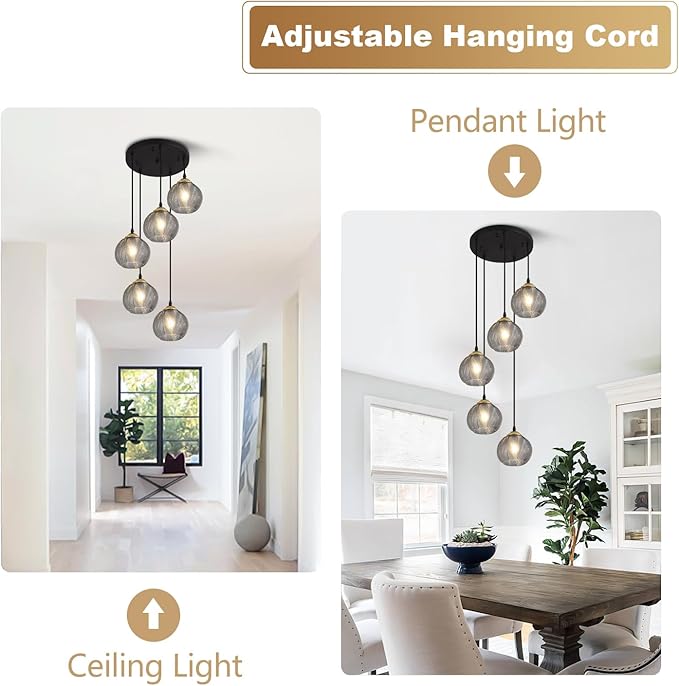 KCO Lighting Round Glass Pendant Lighting 5 Light Farmhouse Cluster Chandelier Black Kitchen Pendant Lighting Smoke Glass Cluster Pendant Light Mid Century Modern Globe Chandelier