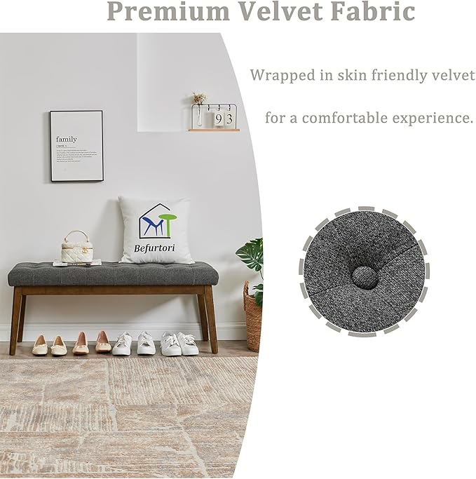 End of Bed Bedroom Bench, Linen Upholstered Tufted Bench for Bedroom End of Bed with Solid Wood Legs for Bedroom Living Room Entryway(Dark Gray)