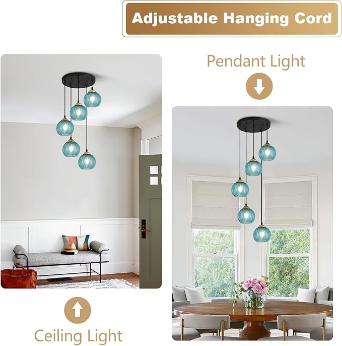 KCO Lighting Modern Blue Glass Chandelier Globe Cluster Pendant Light Black and Gold Kitchen Pendant Lighting Nordic Ribbed Glass Pendant Light Large Round Chandelier